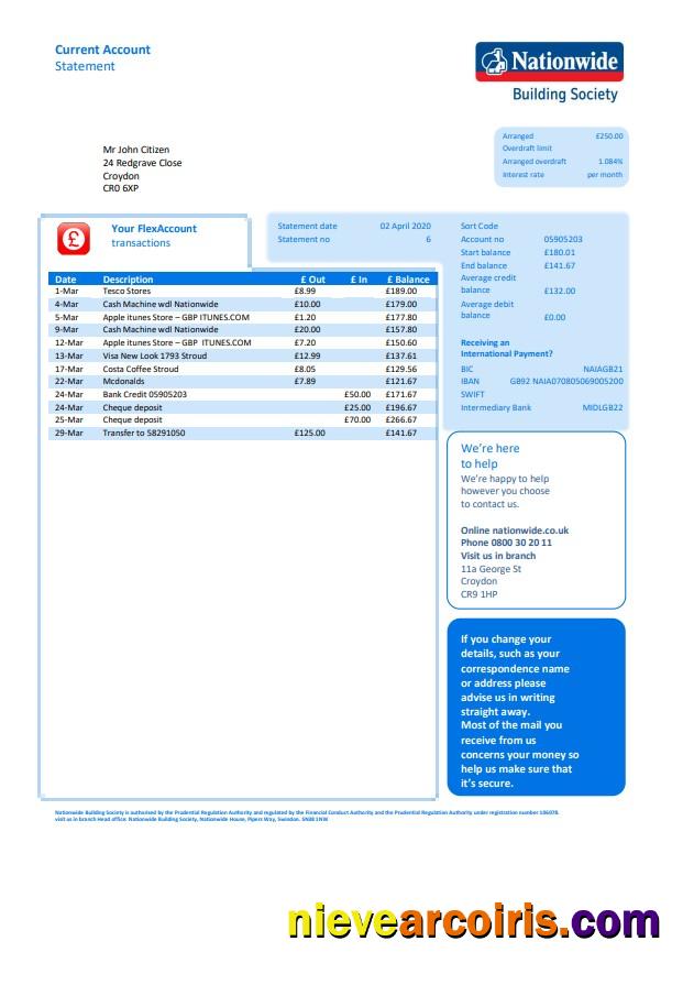 United Kingdom Nationwide bank statement in Word and PDF file format
